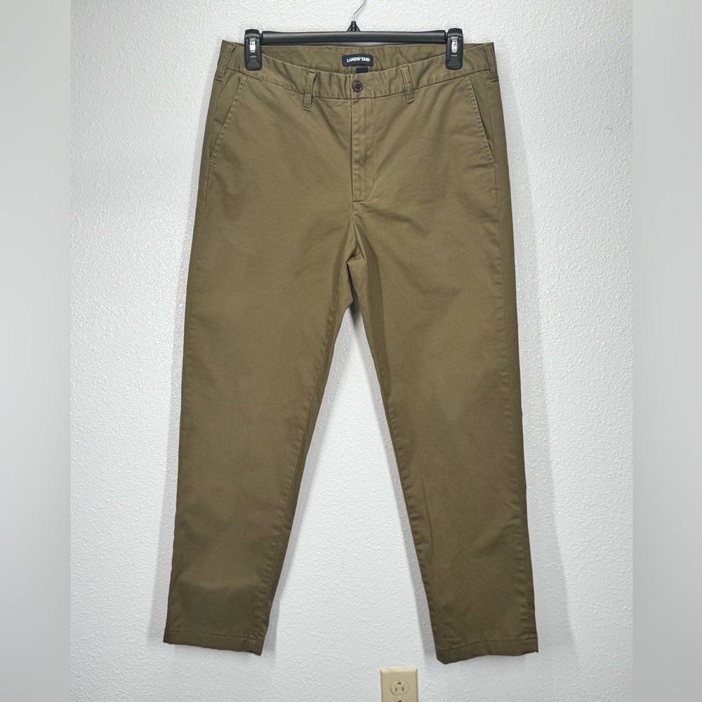 Lands' End Men's Khaki Chinos Flat Front 35x31 Straight Fit Green/Brown Tone